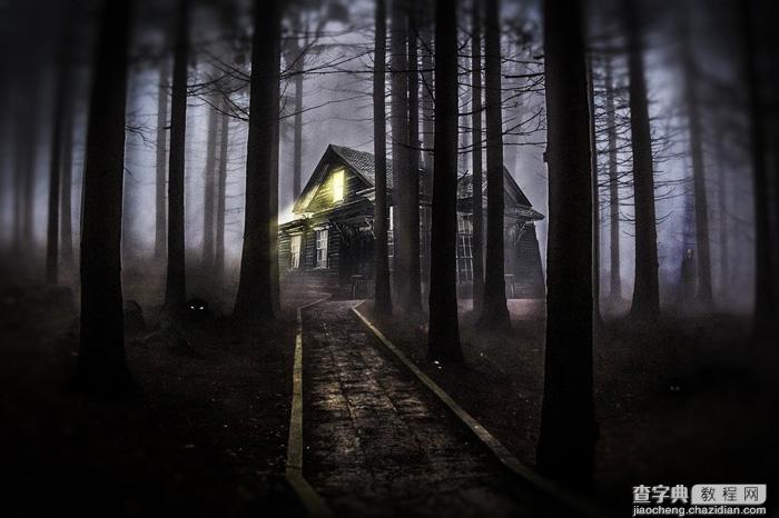 PS合成制作幽暗森林中发光的鬼屋1