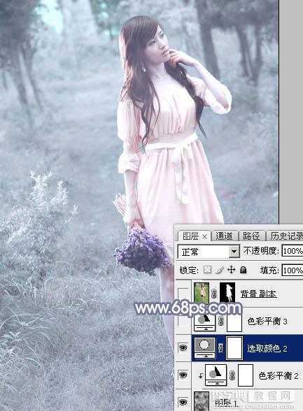 Photoshop快速打造淡蓝色梦幻树林美女图片22