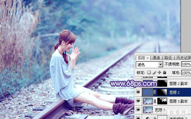 Photoshop将铁轨美女图片打造唯美的小清新青蓝色特效35