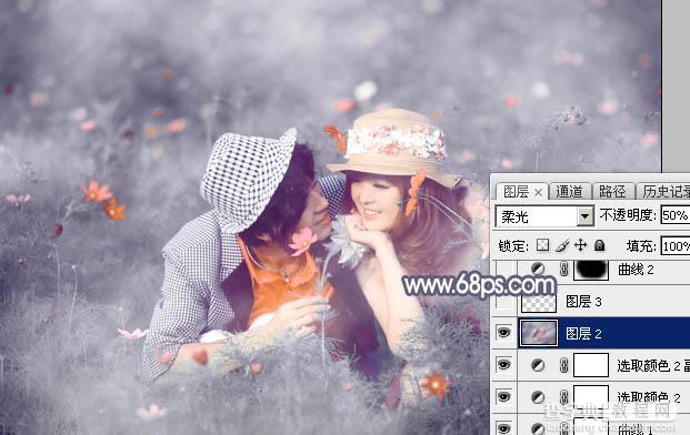 Photoshop将野花中的情侣增加梦幻的中性蓝灰色26