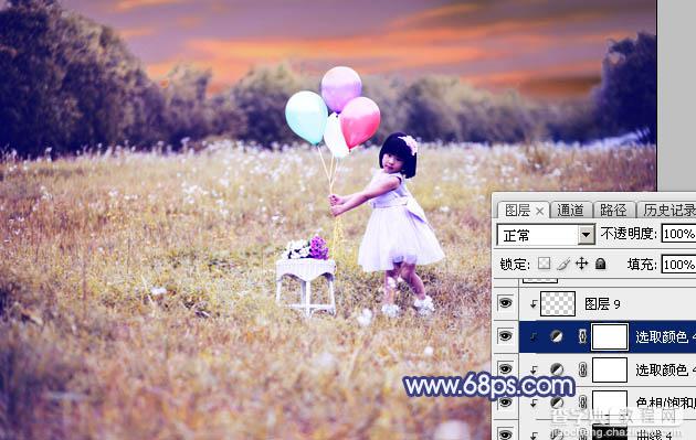 Photoshop调出梦幻的蓝红色霞光草地上的女孩图片45