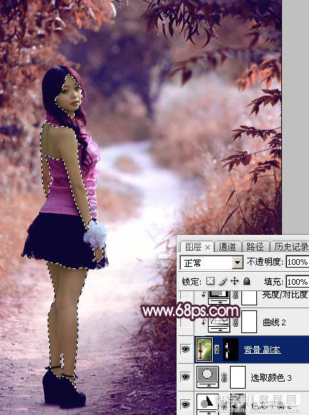 Photoshop将树林人物图片打造唯美的暗调紫红色27