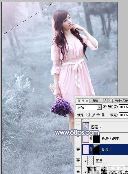 Photoshop快速打造淡蓝色梦幻树林美女图片28