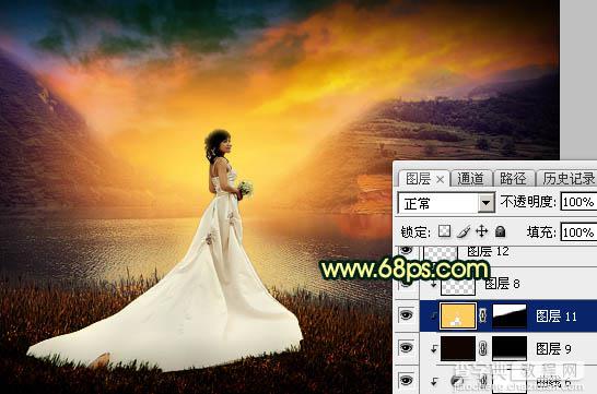 Photoshop调出唯美的霞光色湖边的婚纱美女图片44