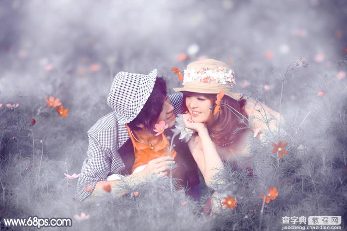 Photoshop将野花中的情侣增加梦幻的中性蓝灰色2