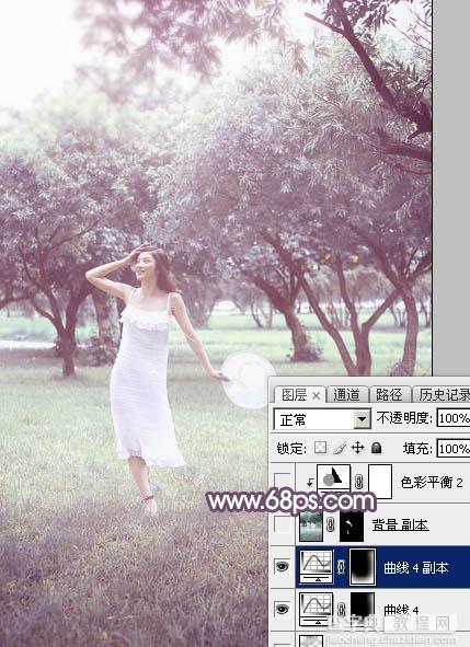Photoshop将树林人物图片打造出唯美的淡调紫红色特效38