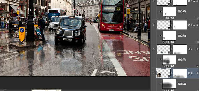 Photoshop将街道图片调出雨水湿润的路面57