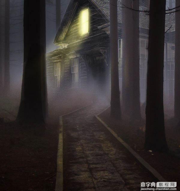 PS合成制作幽暗森林中发光的鬼屋36