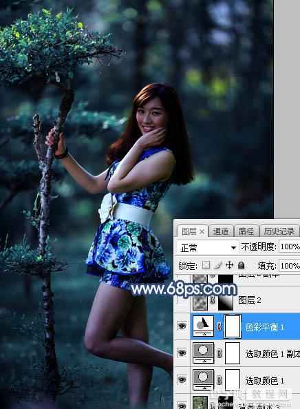Photoshop将树林人物图片打造出唯美的夏季青蓝色11