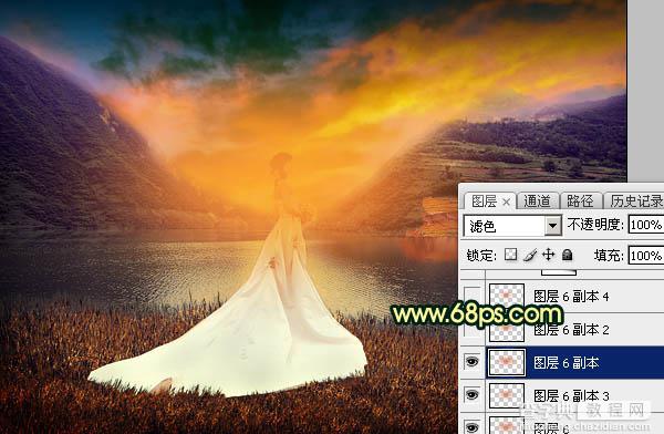 Photoshop调出唯美的霞光色湖边的婚纱美女图片34