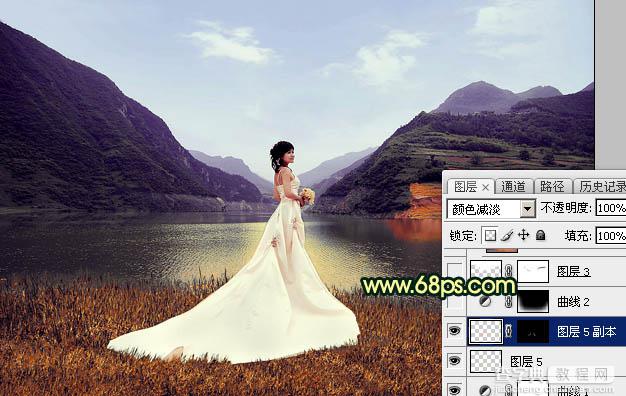 Photoshop调出唯美的霞光色湖边的婚纱美女图片20