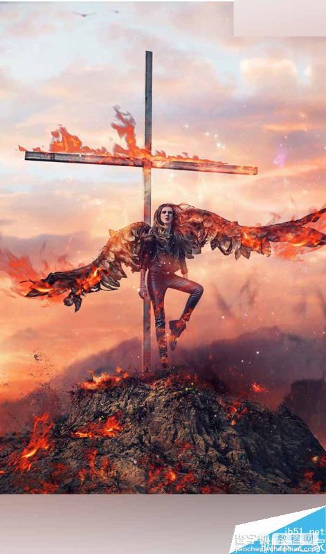 Photoshop给十字架上天使照片添加火焰燃烧的特效1