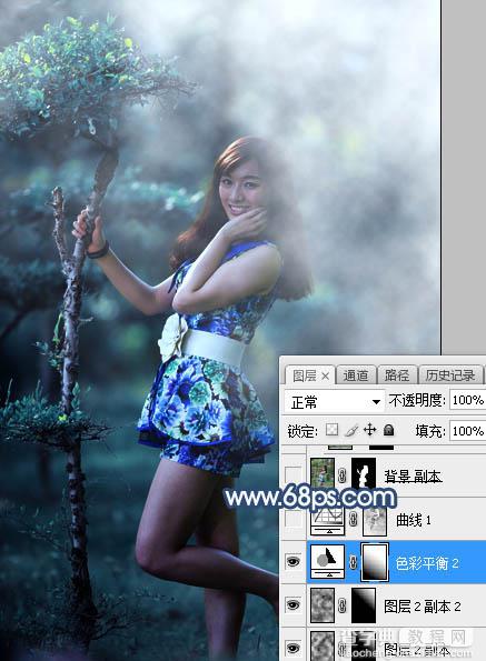 Photoshop将树林人物图片打造出唯美的夏季青蓝色16