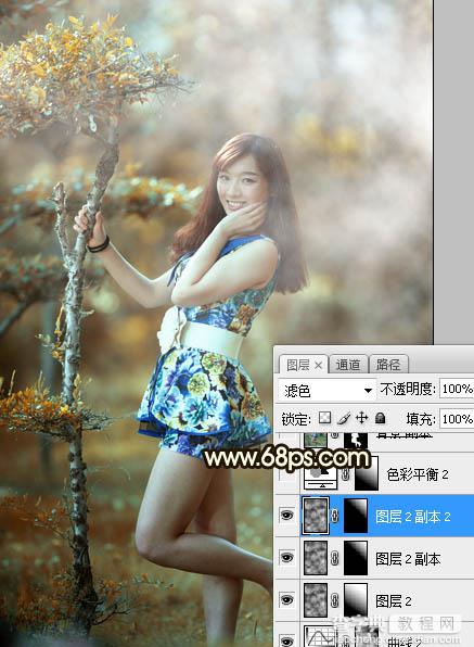 Photoshop调制出甜美的黄褐色树边人物图片25