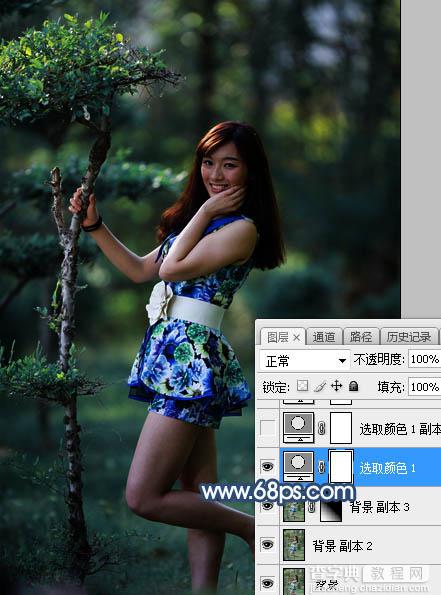 Photoshop将树林人物图片打造出唯美的夏季青蓝色7