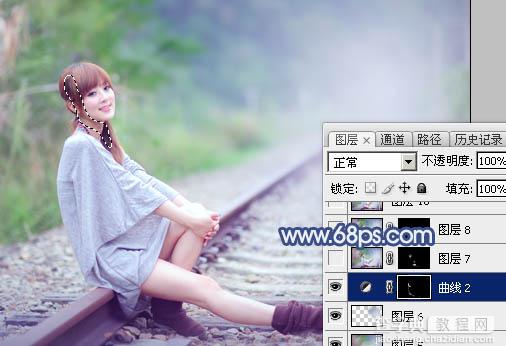 Photoshop为铁轨春季人物图片打造清爽的韩系蓝绿色28