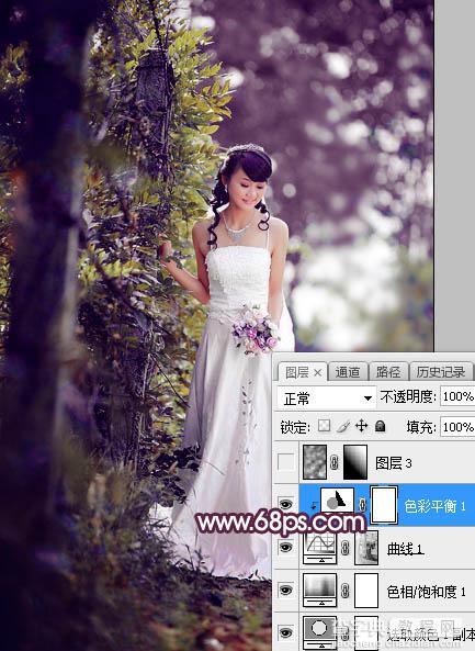 Photoshop将树林婚片打造唯美的淡紫色特效18