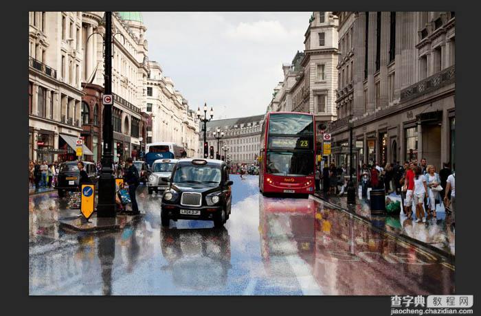 Photoshop将街道图片调出雨水湿润的路面64