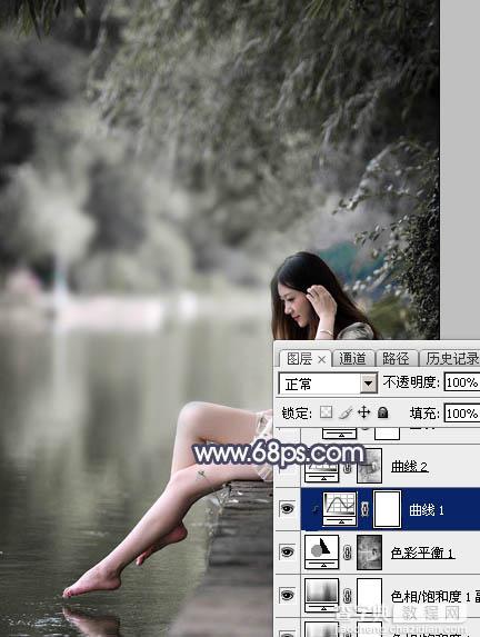 Photoshop为湖边人物图片加上唯美的中性暗蓝色效果教程11