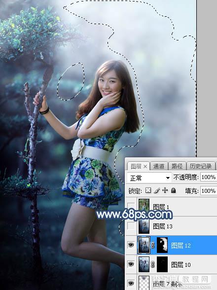 Photoshop将树林人物图片打造出唯美的夏季青蓝色29
