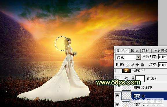 Photoshop调出唯美的霞光色湖边的婚纱美女图片45