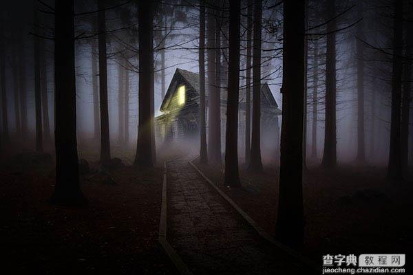 PS合成制作幽暗森林中发光的鬼屋32
