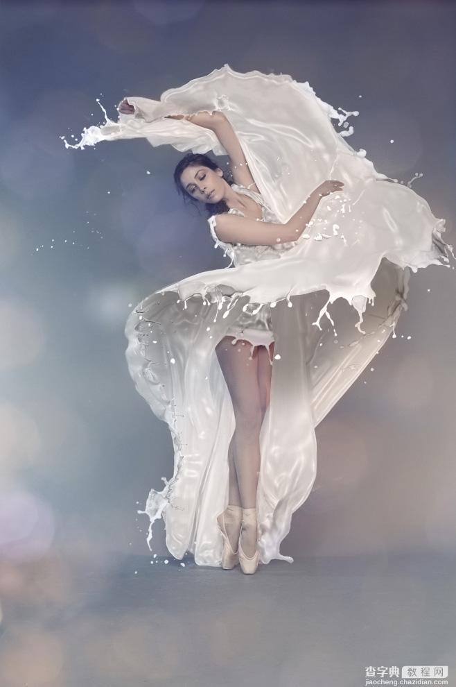 Photoshop将美女白裙制作成动感牛奶喷溅效果裙子1