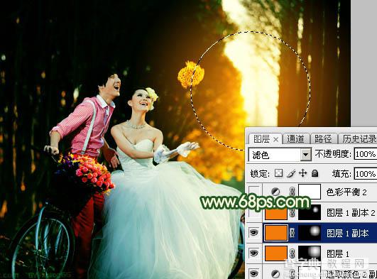 Photoshop调出高对比的橙绿色树林婚片29