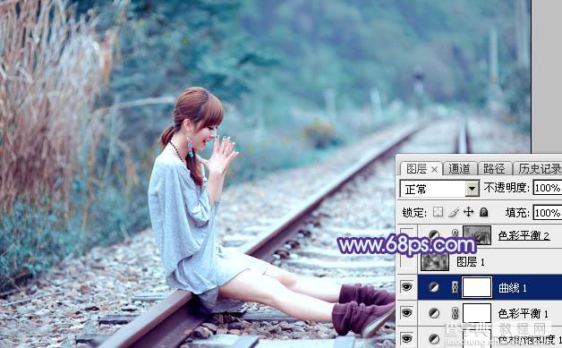Photoshop将铁轨美女图片打造唯美的小清新青蓝色特效19