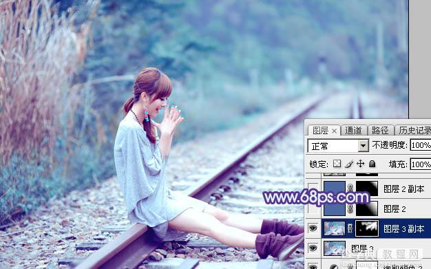 Photoshop将铁轨美女图片打造唯美的小清新青蓝色特效34