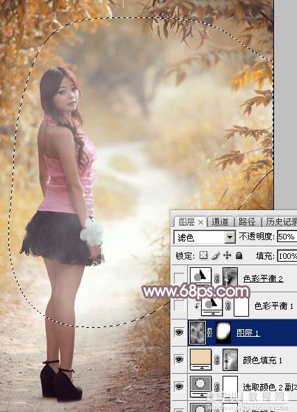 Photoshop将树林中的美女调制出唯美的秋季蓝红色特效22