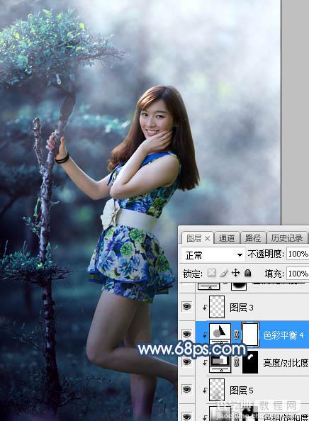 Photoshop将树林人物图片打造出唯美的夏季青蓝色25
