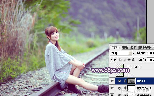 Photoshop为铁轨美女图片打造出清新甜美的淡调绿紫色26
