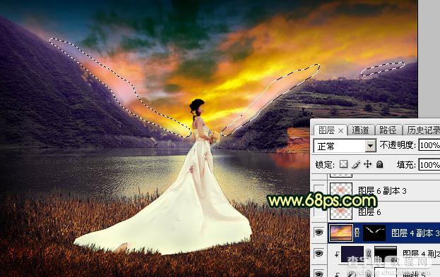Photoshop调出唯美的霞光色湖边的婚纱美女图片31