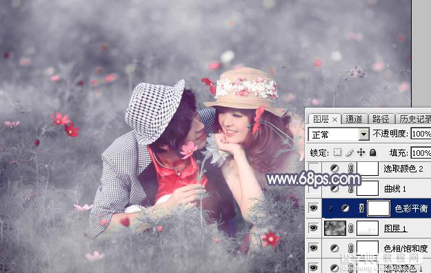 Photoshop将野花中的情侣增加梦幻的中性蓝灰色16