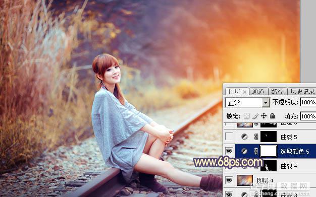 Photoshop为铁轨上的美女增加甜美的晨曦暖色37