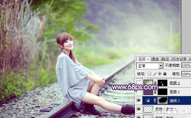 Photoshop为铁轨美女图片打造出清新甜美的淡调绿紫色30