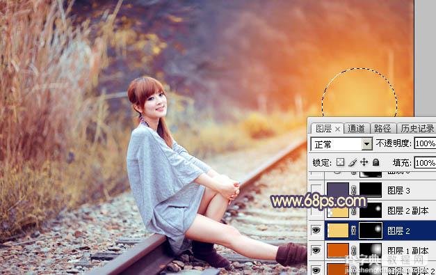 Photoshop为铁轨上的美女增加甜美的晨曦暖色28
