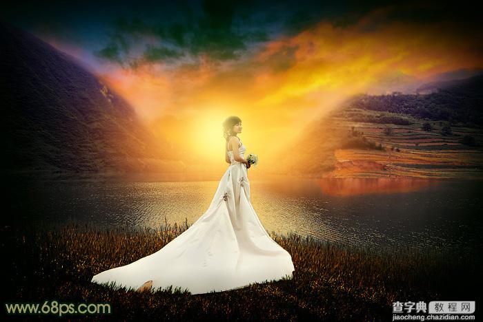 Photoshop调出唯美的霞光色湖边的婚纱美女图片2