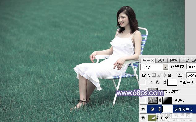 Photoshop调出唯美的淡蓝色草地美女图片5