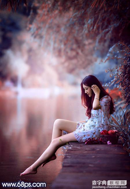 Photoshop调制出秋季蓝红色池塘边的美女2