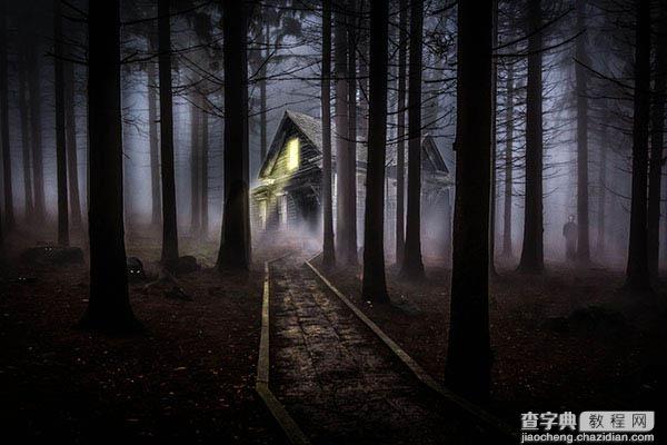 PS合成制作幽暗森林中发光的鬼屋47