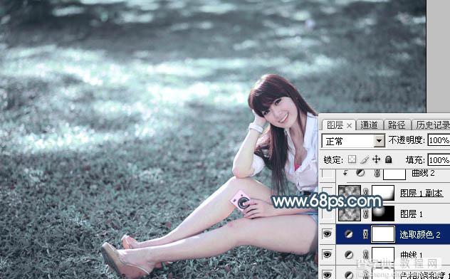 Photoshop调出唯美的秋季淡蓝色草地上美女图片20