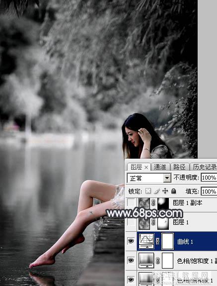 Photoshop使用图层样式打造唯美的古典淡蓝色树林人物图片9