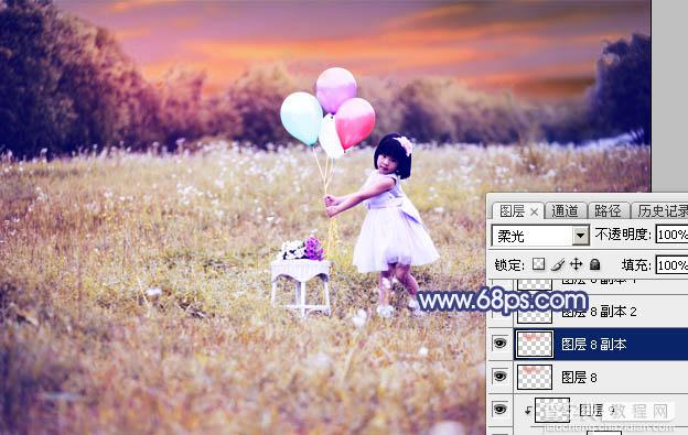 Photoshop调出梦幻的蓝红色霞光草地上的女孩图片47