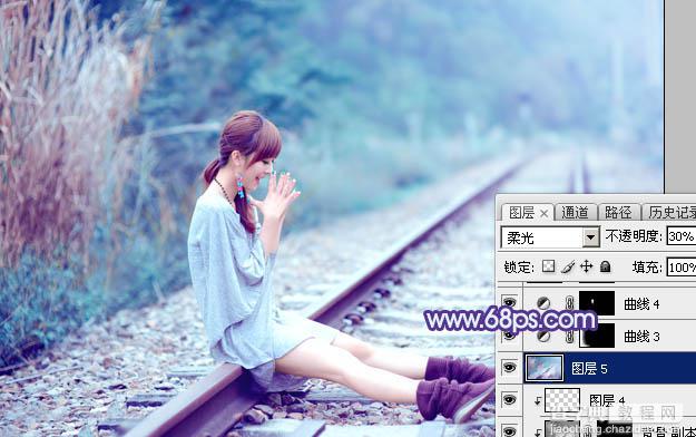 Photoshop将铁轨美女图片打造唯美的小清新青蓝色特效39