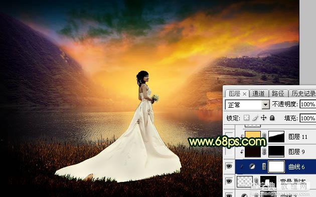 Photoshop调出唯美的霞光色湖边的婚纱美女图片43
