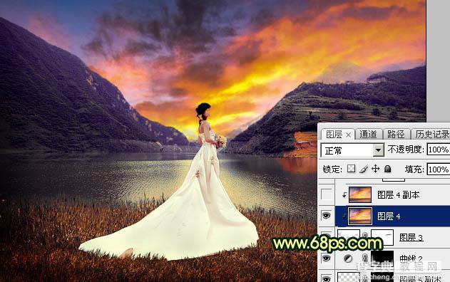Photoshop调出唯美的霞光色湖边的婚纱美女图片27