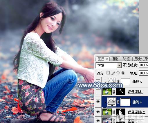 Photoshop将外景人物图片打造出古典暗蓝色秋季效果47