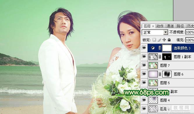 Photoshop将海景婚片调成甜美的青绿色图片调色效果24